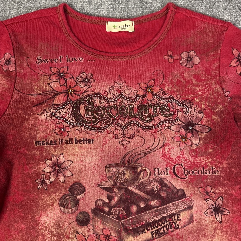 Vintage Cactus Bay Shirt Womens S Paris Chocolate Rhinestone All Over Red Y2K